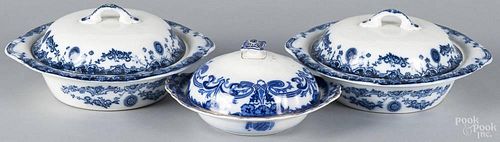 Three flow blue covered entrée dishes, 19th c., 9 3/4'' w. and 8'' w.