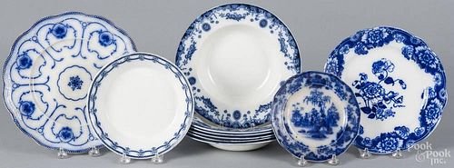 Ten flow blue plates and shallow bowls, 19th c., largest - 10'' dia.