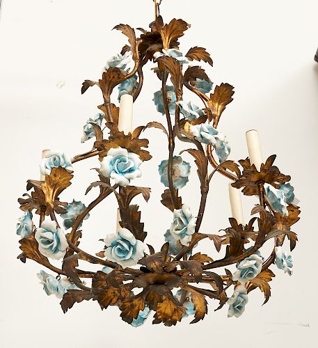 Italian gilt metal & porcelain rosebush chandelier