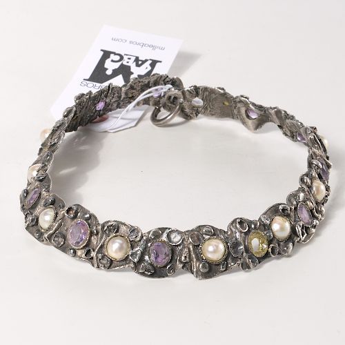 Signed silver, amethyst, and pearl collar necklace