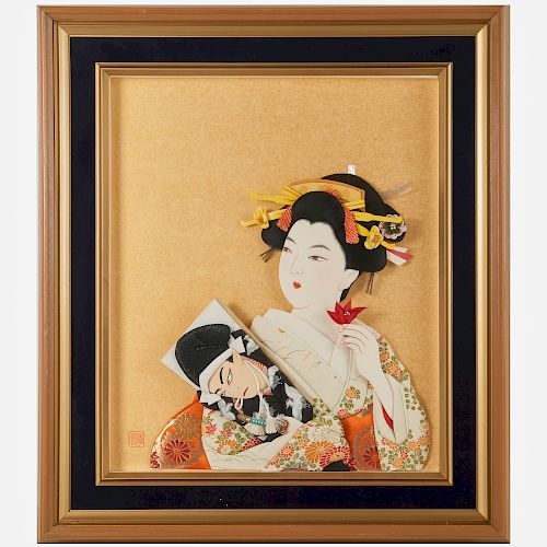 Japanese Geisha, Samurai textile relief collage