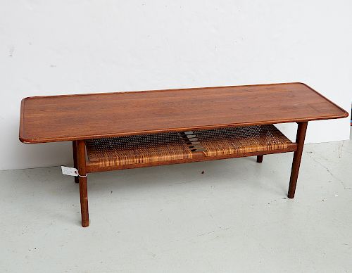 Danish Modern teak and rattan coffee table
