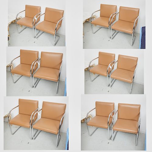 Set (12) Brno style leather, chrome armchairs