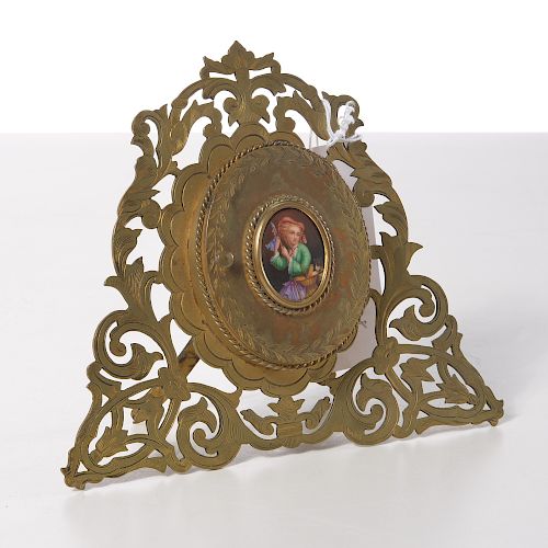 Antique easel frame with painted portrait plaque