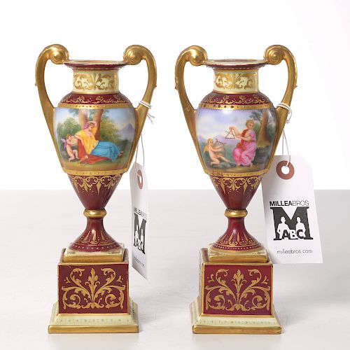 Pair Vienna style hand-painted porcelain urns