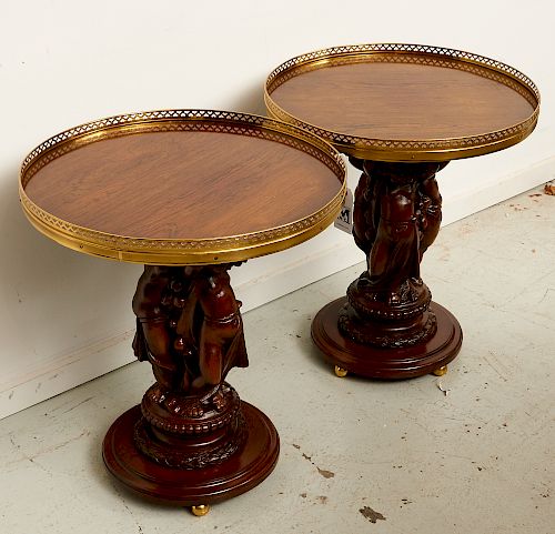 Pair Italian carved walnut putto side tables