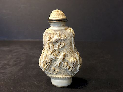 OLD Large Chinese Snuff Bottle with Carvings of flowers and birds. Marked