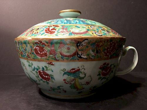 OLD Chinese Large Celadon Chamber Pot with birds and flowers, 19th century