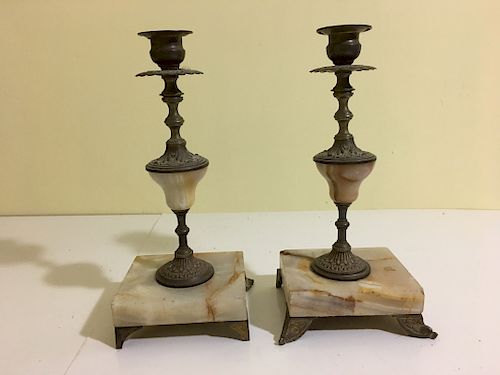 OLD pair Bronze and stone lamp stands