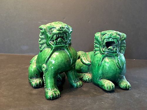 OLD Pair Chinese Green Porcelain foo dog lions, Qing period