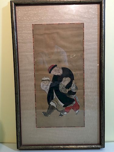 OLD Chinese watercolor painting with Man and boys, 19th century
