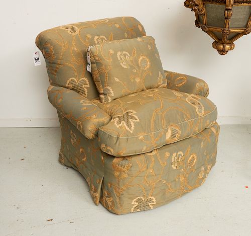 Designer embroidered silk upholstered armchair