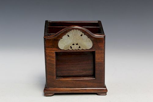 Chinese Antique Rosewood Card Holder Box with Inlaid White Jade Carving.