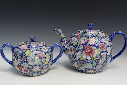 Chinese Antique Hundred-Flowers Porcelain Teapot and Suger Bowl. Early 20th C.