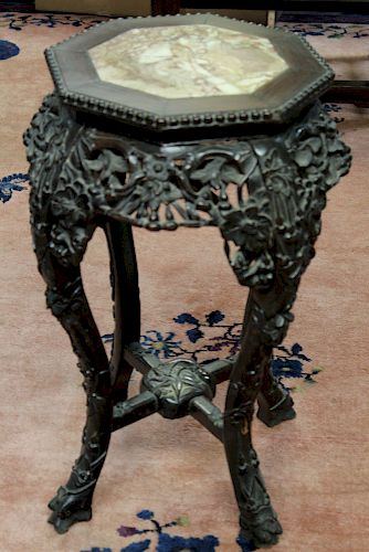 Chinese Carved Hardwood Side Table with Marble Top. 