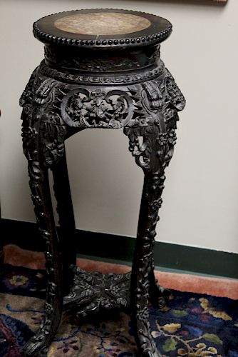 Chinese Carved Hardwood Tall Side Table with Marble Top. 