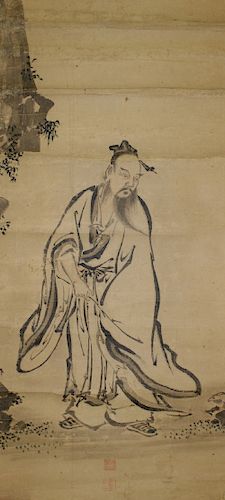 Chinese Ink Painting on Paper. Old man with a rabbit