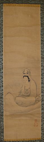 Japanese ink painting on paper scroll. Seated Guanyin.