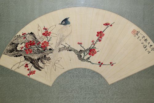 Chinese watercolor and ink fan paining . Framed.