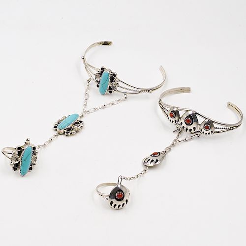 (2 Pc) Navajo Sterling Turqouse and Coral Hand Chains