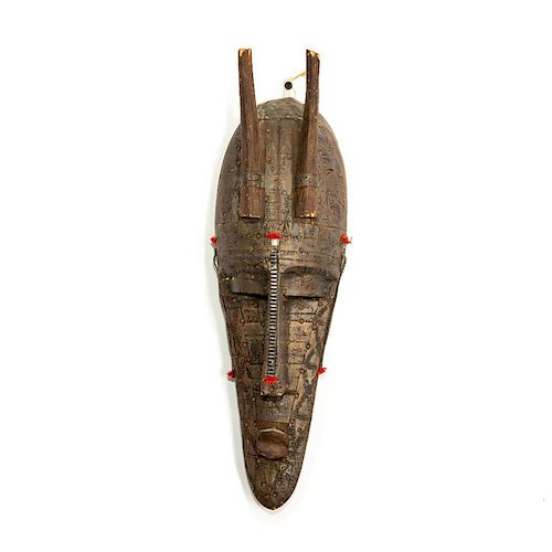 AFRICAN TRIBAL MALI WOOD MASK WITH BRONZE DECORATION