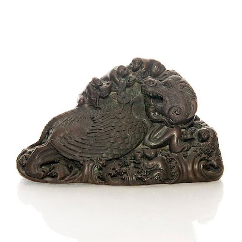 PURE BRONZE CHINESE FLYING LION RECEIVING GIFTS