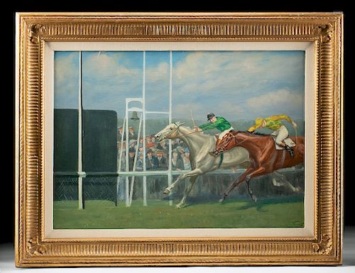 Framed & Signed British Painting of Horse Race (1924)