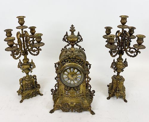 C Cellier Gilt Bronze Mantel Clock & Garniture