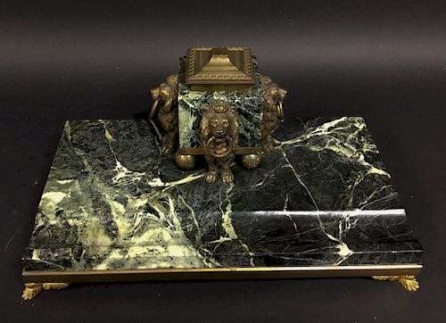 Onyx Inkwell with Brass Lions