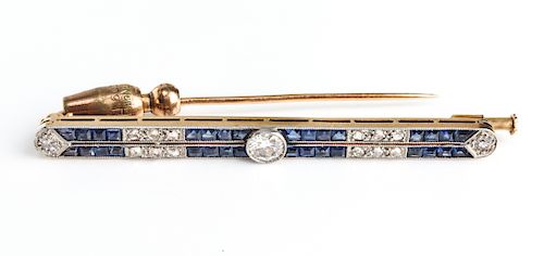Art Deco 18K Yellow Gold Diamond Sapphire Pin