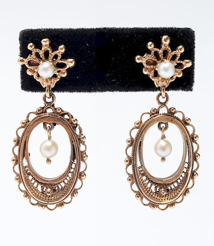 Vintage 14K Yellow Gold Pearl Filagree Earrings