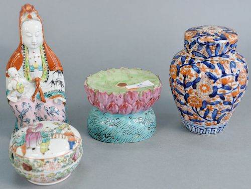 Group of four Chinese porcelain pieces, round porcelain famille rose paste seal box with painted scrolly vines, butterflies, and eggplant on sides and