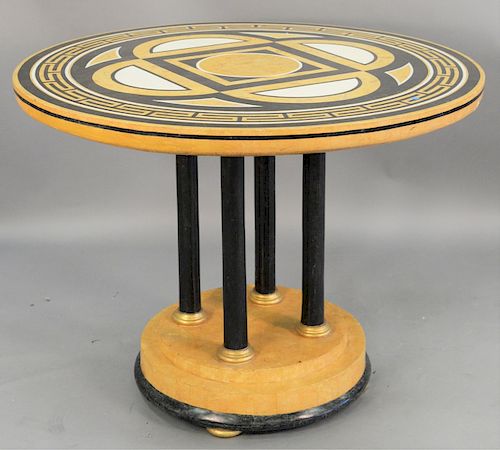 Biedermeier Style Marble Top Circular Center Table, pietra dura veneered top, four pedestal supports on marble and faux marble base. height 33 3/4 inc