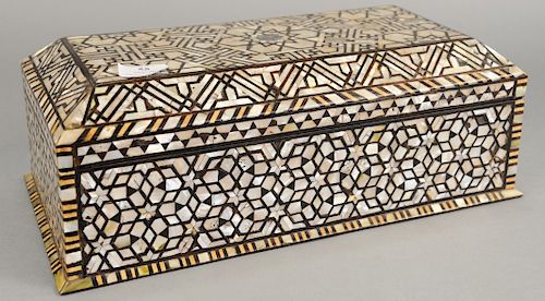 Mother of Pearl inlaid lift top box with fitted tray interior. ht. 5 1/2 in., lg.16 1/2 in.