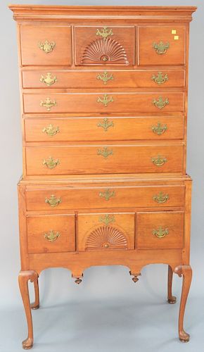 Queen Anne cherry flat top highboy, in two parts with two fan carved drawers, Circa 1750, ht. 71 1/2 in., upper case wd. 34 1/4 in.
