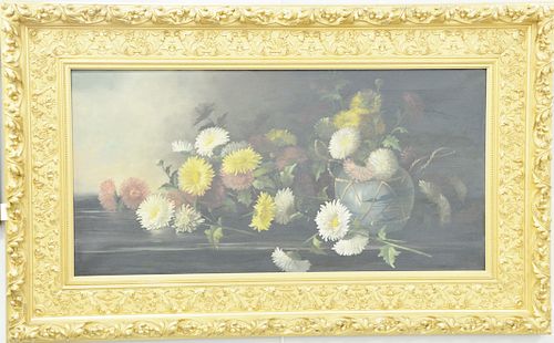 Large oil on canvas still life of flowers, unsigned, in Eastman Chase Victorian gilt frame. 18" x 36".