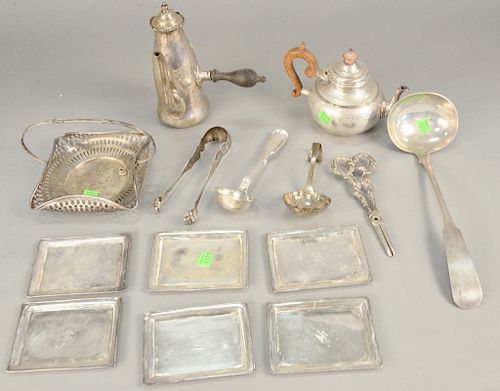 Silver lot, with two pots, small basket, grape shears not together, six small rectangular trays, large coin ladle, 64.7 t.oz.