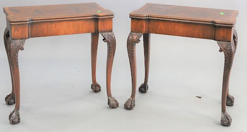 Pair of George II style walnut game tables, with ball and claw feet. ht., 27 1/2 in., top 27 1/4 x 14 in.
