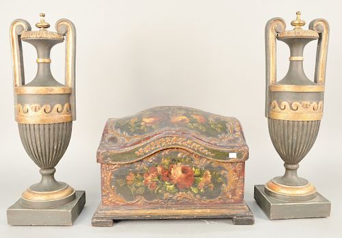 Three piece group, to include a pair of Italian Neoclassical carved faux wood urns, along with a painted lift top box. urns ht. 23in., box ht: 12 1/2 