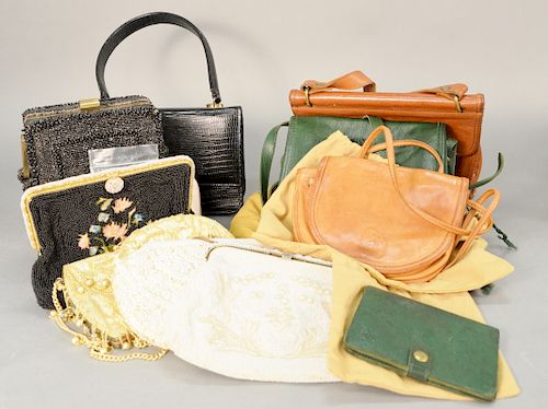 Group of II Vintage purses, Du Bonnette rectangle beaded purses, 4IL(???) Bisonte leather purse bags, wallet clutch, Walborg purse, three beaded clutc