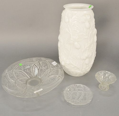Four piece Phoenix consolidated art glass group, to include large thistle vase, "Martele" large flared bowl, small vase, and a small dish. tallest 17 