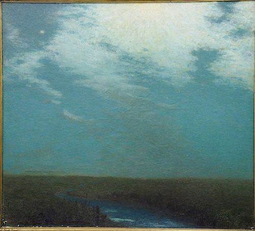 Albert Pike Lucas (1862 - 1945), oil on canvas, "Night Sky Landscape with River", signed lower left Albert P. Lucas. 35" x 51".
