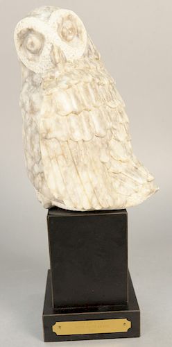 Carved marble owl on a pedestal base, unsigned, marked Rockport Art Association, Peter Abate Award, 1995, total height 16 1/2 in.
