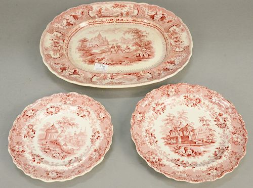 Large group of red and white Staffordshire to include two large trays, set of twelve Asiatic scenery dinner plates, nine Asiatic scenery luncheon plat