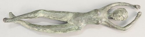 Bronze figural sculpture of a nude woman laying on her back stretching, bottom of her foot is signed Quinton, lg. 17 1/2 in.