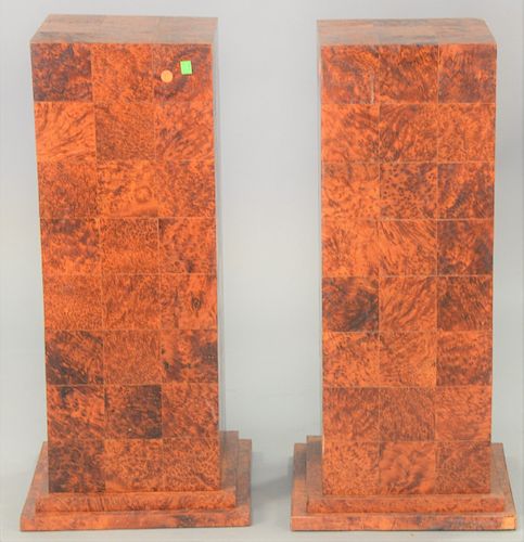 Pair of contemporary wooden pedestals, one corner as is.