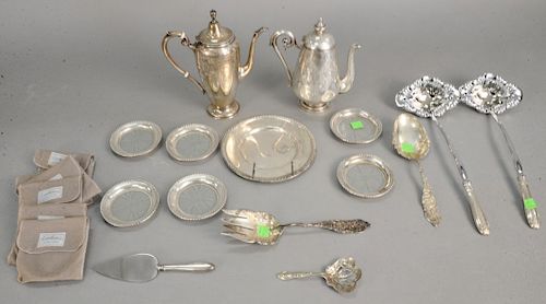 Group of sterling to include a set of six Cartier sterling and glass coasters, pair of ladles with sterling handles, sterling cheese dish, two sterlin