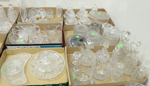 Six tray lots of cut glass, crystal to include waterford, bells, creamer and sugars, small bottles, jars, etc.