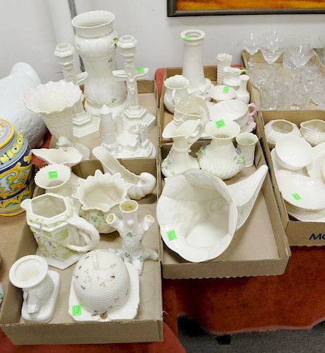 Large group of Belleek in five tray lots, to include Beehive lighthouse, shell dishes, lamp, plates, candle sticks, vases, creamer, sugar, pitcher, et