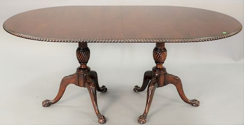 Custom Mahogany Double Pedestal Table, with rope edge and oval top, with rope edge and oval top, with two leaves and ball and claw feet, Old Colony Fu